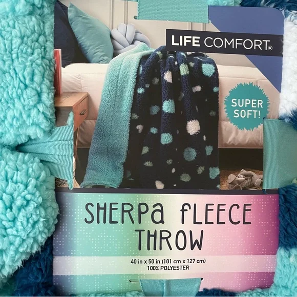 Life Comfort Blue Polka Dotted Sherpa Fleece Throw - Picture 2 of 11